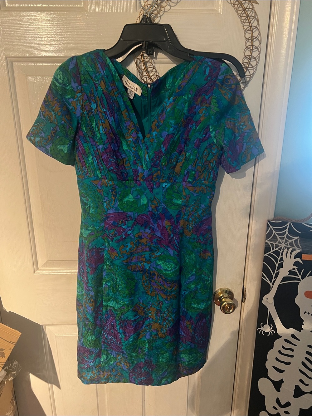 Vintage Gillian Teal, Blue & Purple Short Sleeve V-Neck Midi Dress, Silk!